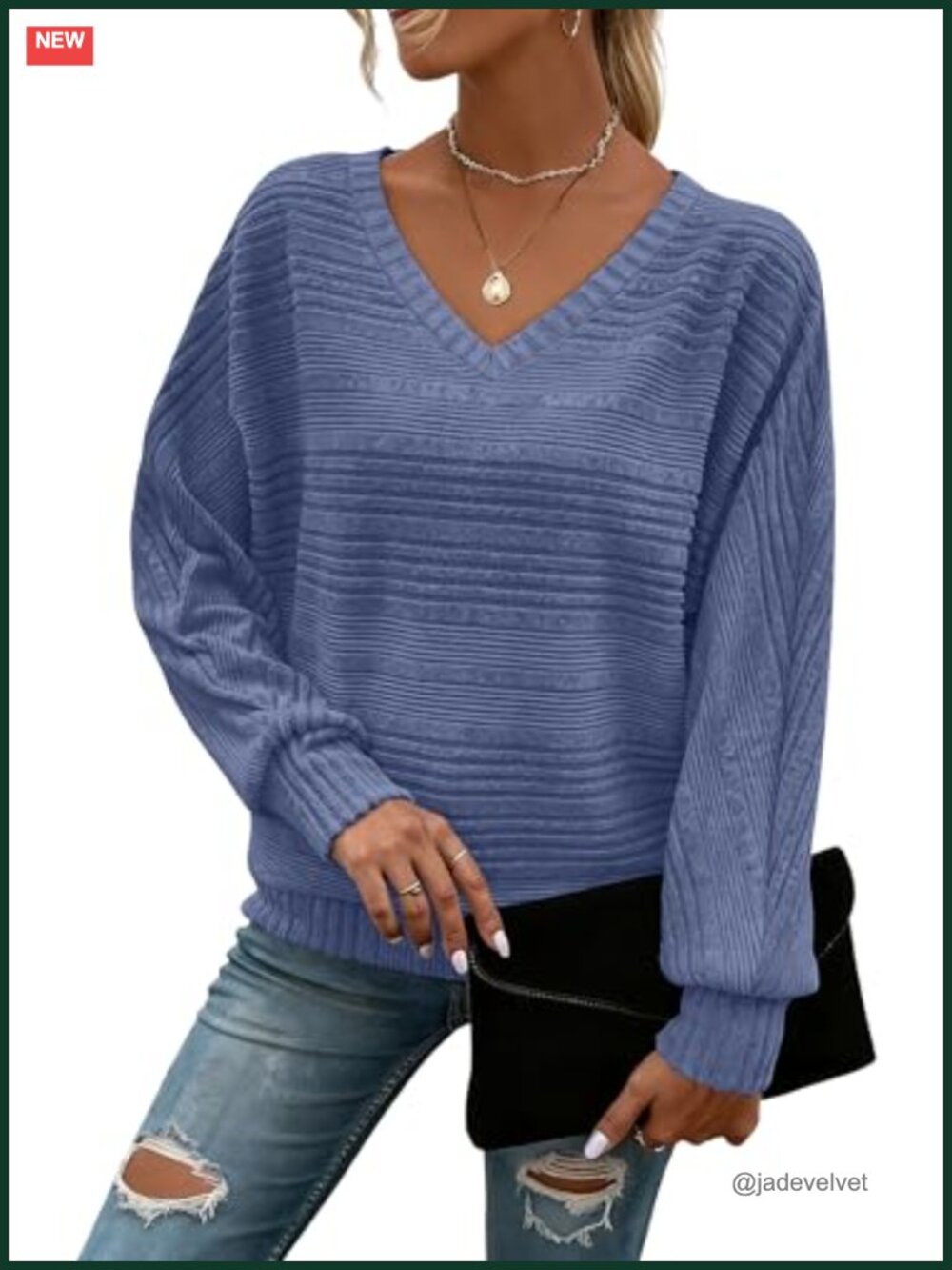 Women's V-Neck Batwing Sleeve Tunic Pullover Sweater Knit Top